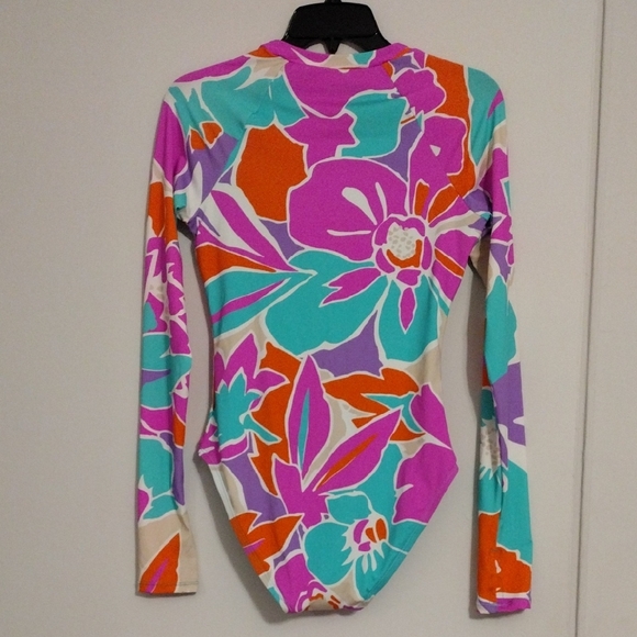 Trina Turk Floral Zip-Front Swimsuit in Turquoise, Pink & Orange - Picture 4 of 5